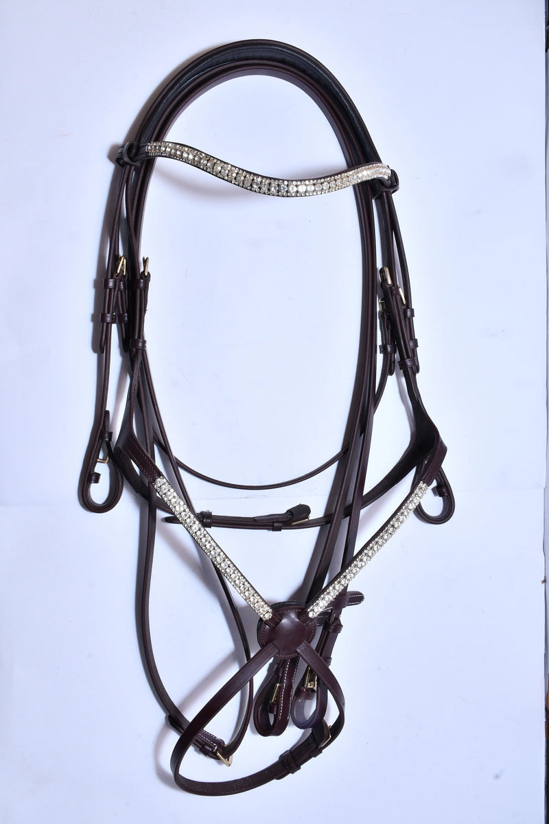 Bridleberry Leather Figure 8 Bridle w/Crystal noseband & Browband w/Plain Full Grain English Leather Reins