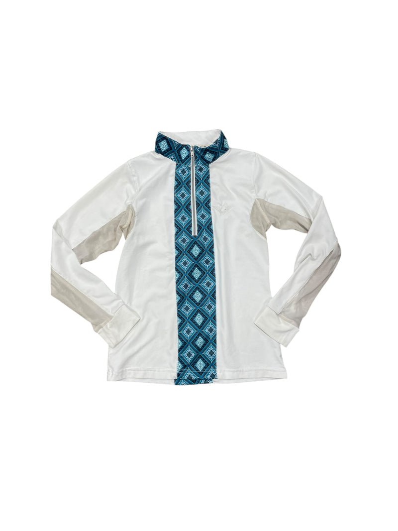 Tuffrider 1/4 Zip Sun Shirt - White/Blue - Youth L - USED